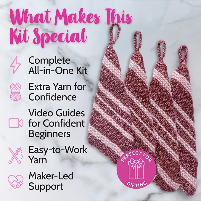KnitPal Dishcloth Knitting Kit for Beginners (Cherry Red + Blush Pink)