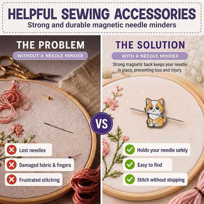 The Quilted Bear Magnetic Needle Minder, Cat | Enamel Needle Keeper for Embroidery & Cross Stitch, Secure Holder for Sewing Needles & Pins, Strong Magnet, Sewing Accessory