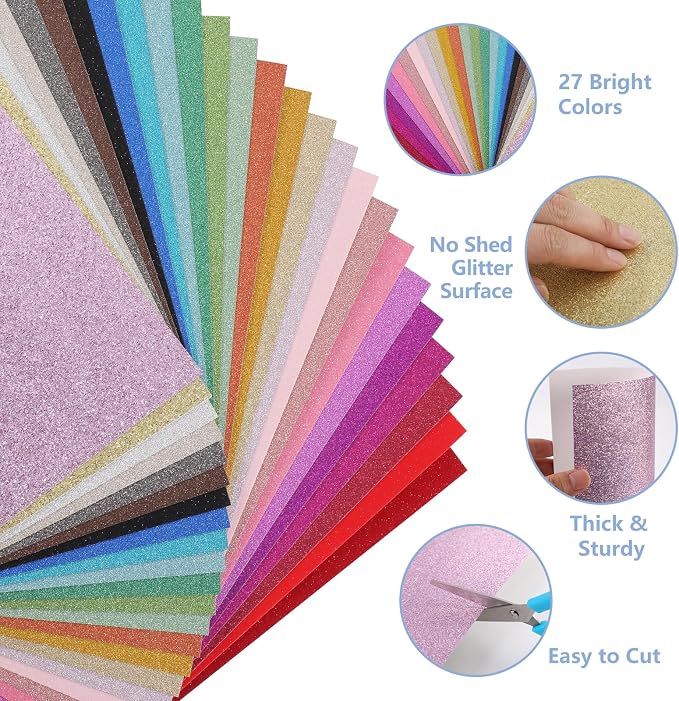 54 Sheets Glitter Cardstock A5, 27 Colors, 230Gsm