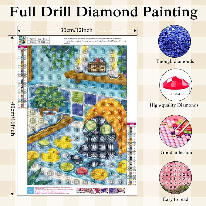 Animal Diamond Painting Kits for Adults,Funny Cat Spa Diamond Art Kits | DIY Full Round Drill Gem Painting Cute Black Cat Paint by Diamonds Relaxing Craft for Cartoon Home Wall Decor 12x16In