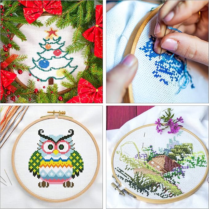 INSCRAFT 304 Pack Embroidery Kit, 200 Colors Threads, 5 Pcs Bamboo Embroidery Hoops, 2 Pcs Aida Cloth, Instructions, Bag and Cross Stitch Tools Set, Hand Embroidery Starter Kit for Beginners Adults
