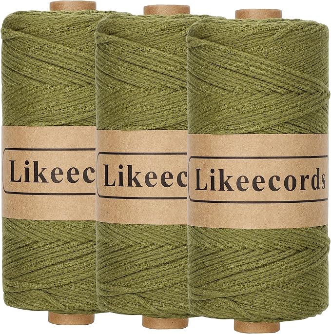 Likeecords 100% Cotton Crochet Yarn for Bag,3 Rolls/Pack 2mm x 510m,Macrame Cord,Chunky Yarn for Crocheting Handbag, Purse,Blankets Crafts Projects (Military Green)