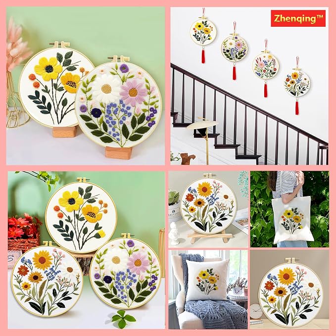 Zhenqing 4-Piece Floral Embroidery Kit for Beginners - Complete Set with Printed Cotton Fabric, Hoop, Threads & Tools (C0155)