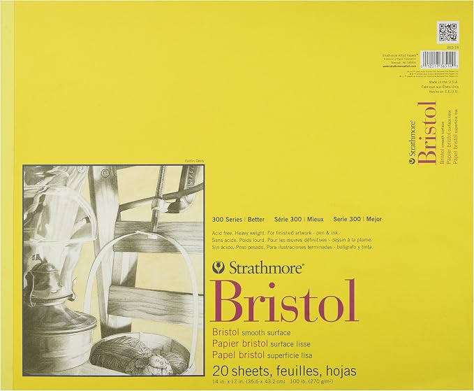 Strathmore 300 Series Bristol Paper Pad, Smooth, Tape Bound, 14x17 inches, 20 Sheets (100lb/270g) - Artist Paper for Adults and Students - Markers, Pen and Ink, White