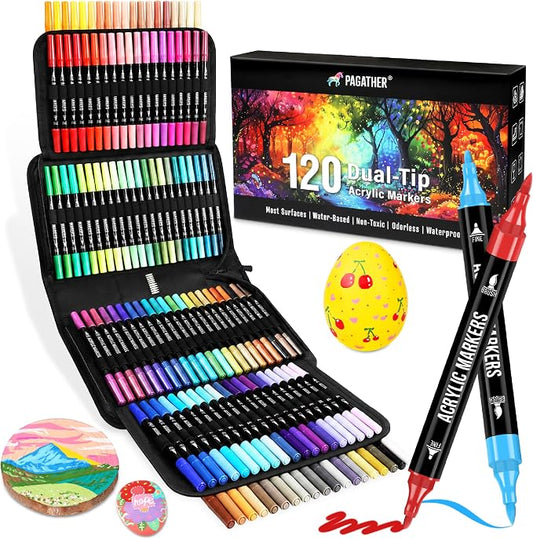 Pagather Acrylic Paint Markers, 120 Colors Dual Tip Fine & Brush Pens Set | For Rocks, Fabric, Wood, Glass & More, Perfect for DIY Crafts and Creative Art Projects with Bright, Smooth and Quick-Dry Ink