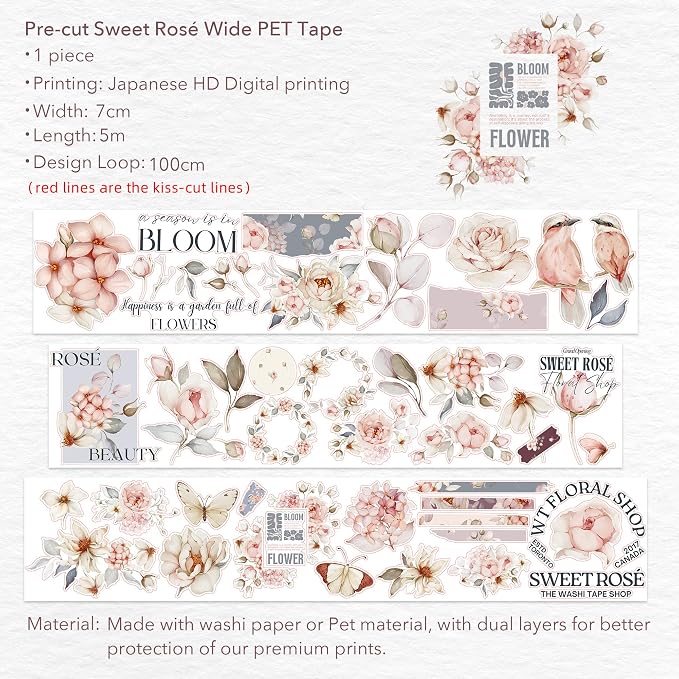 WT Pre-Cut Sweet Rosé Wide PET Tape, Single Roll, Original Designs, Dreamy Rose Motifs & Subtle Handwritten Accents, Decorative Clear Tape for Journaling, Scrapbooking, Planner, DIY Crafts