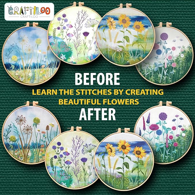 Embroidery Kit for Beginners Adults - 4 Floral Patterns, Learn 17 Stitches