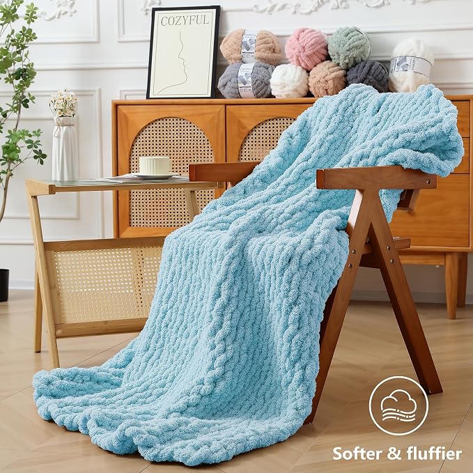 Cozyful Chunky Yarn for Hand Knitting - #10 Chunky Chenille Yarn, Jumbo Big Thick Chunky Yarns for Crocheting, Super Bulky Chunky Knit Blanket Yarns, 8 Skein (22 yds 8 oz Each Skein), Sky Blue
