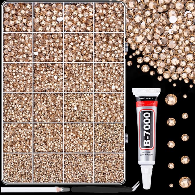 25000Pcs Resin Rhinestones for Crafting, Champagne 2-6mm Mixed Sizes Non Hotfix Flatback Gems with 1Pcs Glue, Bedazzling Crystal for DIY Craft Clothing Mugs Tumblers Shoes Fabric Decor Nail Art