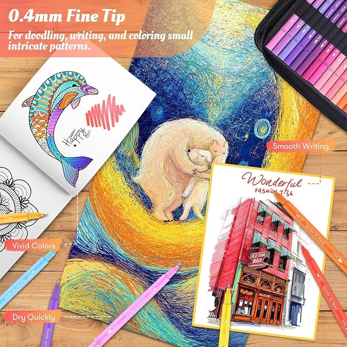 Soucolor 72 Dual Brush Markers Adult Coloring Books,Fine &Brush Double Pens | 72 Vibrant Water-Based Colors,No Smudge, DIY Color Card,4 Coloring Sheets and Portable Case Lettering, & journaling.