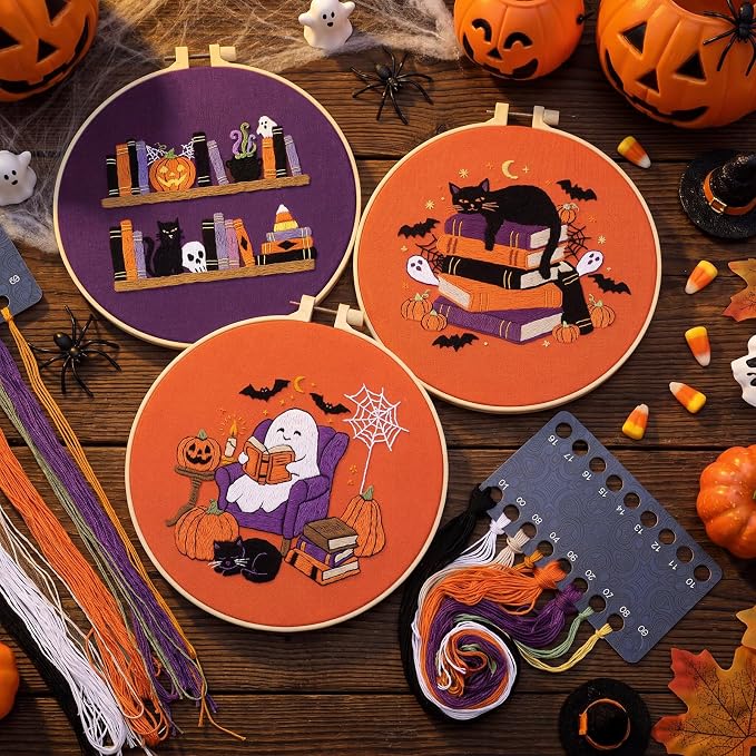 Mindsoft 3 Set Needlepoint Kit for Beginners with Hoop,Halloween Booklover | Bamboo Hoop Thread Needles Instructions, Easy Hand Embroidery for Beginners Home Crafts,Pre-stamped Funny Cute Designs