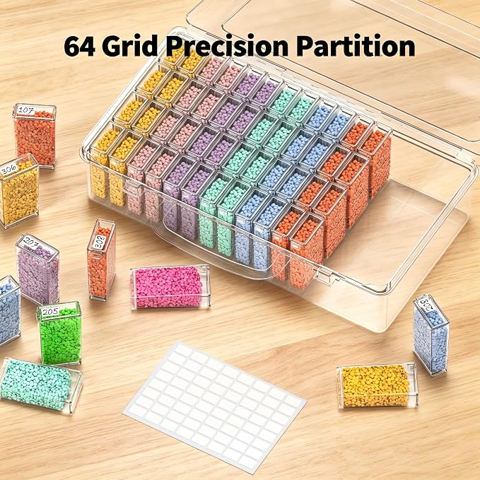 64 Grids Diamond Painting Storage Containers, Portable Transparent Bead Organizer Box with Snap Lid | Dust-Proof Diamond Art Drill Container for DIY Crafts, Jewelry, and Small Accessories