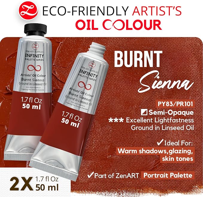 ZenART Professional Oil Paint Set - Artist Grade Burnt Sienna - 2x50ml | Non-Toxic, Buttery Consistency, Rich Pigment, Lightfast Oil Paints for Primed Surface Canvas, Fine Art, Portraits & Landscape