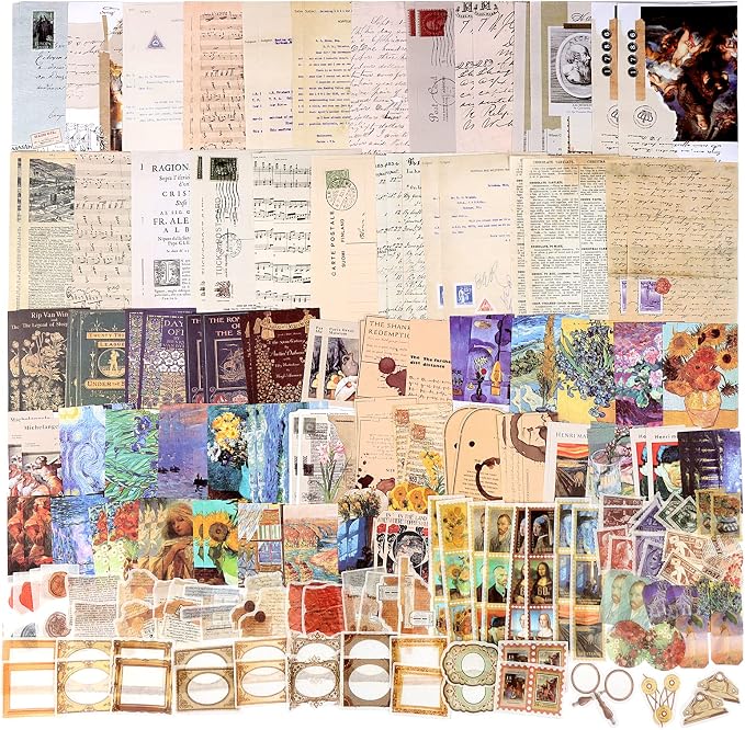 Draupnir 200pcs Vintage Junk Journal Supplies,Scrapbook Supplies Scrapbooking Paper and Stickers Ephemera For Art Aesthetic Journaling Kit Collage(Art)
