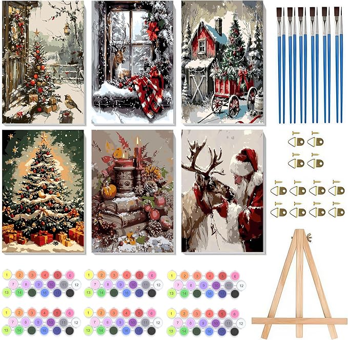 6 Pack Framed Christmas Paint by Numbers Kit for Adults with Easel (8x12in)