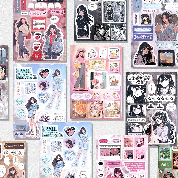 Tmtains 800Pcs Japanese Sticker Book for Scrapbook Heisei Retro Comic Books Style Kawaii Korean Sticker for Journaling Aesthetic Japanese Stickers Book for Adults DIY Crafts Junk Journal Gifts (Girl)