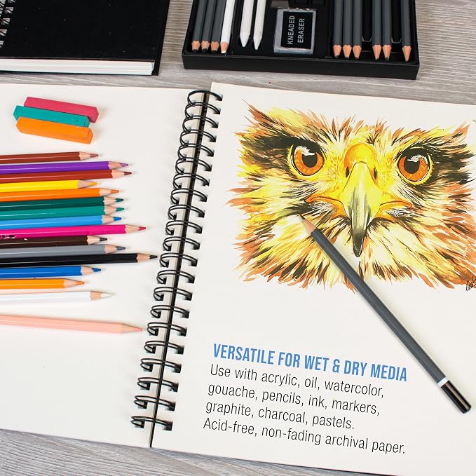 U.S. Art Supply 9"x12" Mixed Media Sketchbook, 2 Pack (60 Sheets) | 98 lb (160 gsm) - Spiral-Bound Pad with Perforated Acid-Free Paper - Artist Sketch Book For Drawing, Painting, Watercolor