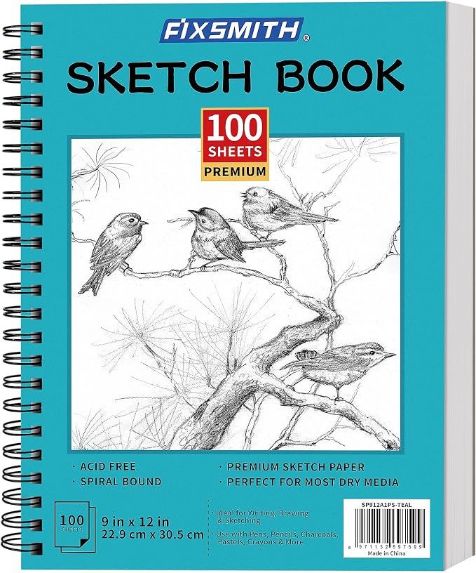 FIXSMITH 9"X12" Sketch Book, 100 Sheets, 68 lb/100gsm Sketchbook, Teal | Acid Free Drawing Paper | Spiral Bound Artist Sketch Pad | for Kids, Beginners, Artists & Professionals | Bright White