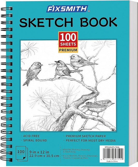 FIXSMITH 9"X12" Sketch Book, 100 Sheets, 68 lb/100gsm Sketchbook, Teal | Acid Free Drawing Paper | Spiral Bound Artist Sketch Pad | for Kids, Beginners, Artists & Professionals | Bright White