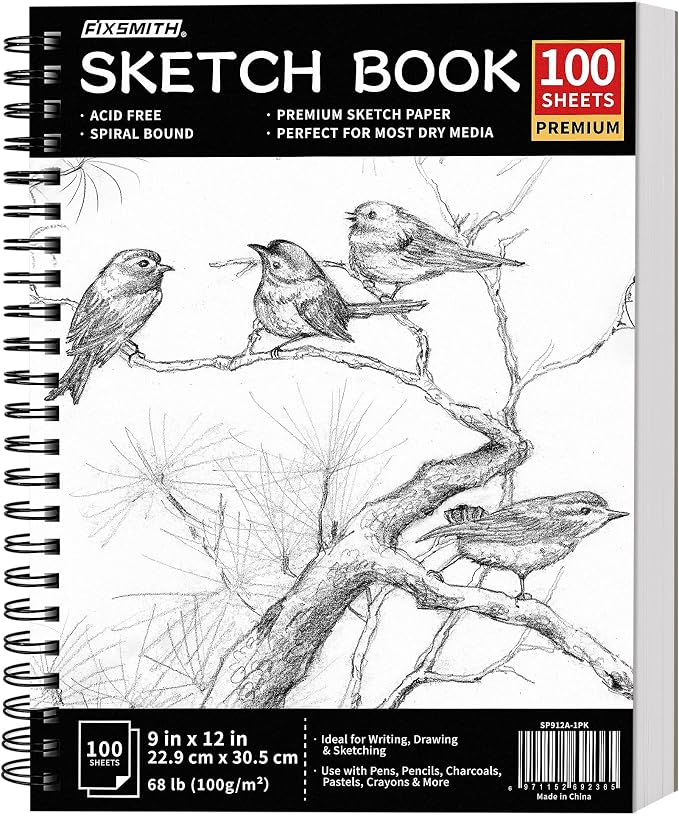 FIXSMITH 9"X12" Sketch Book, 100 Sheets, 68 lb/100gsm Sketchbook, Black | Acid Free Drawing Paper | Spiral Bound Artist Sketch Pad | for Kids, Beginners, Artists & Professionals | Bright White