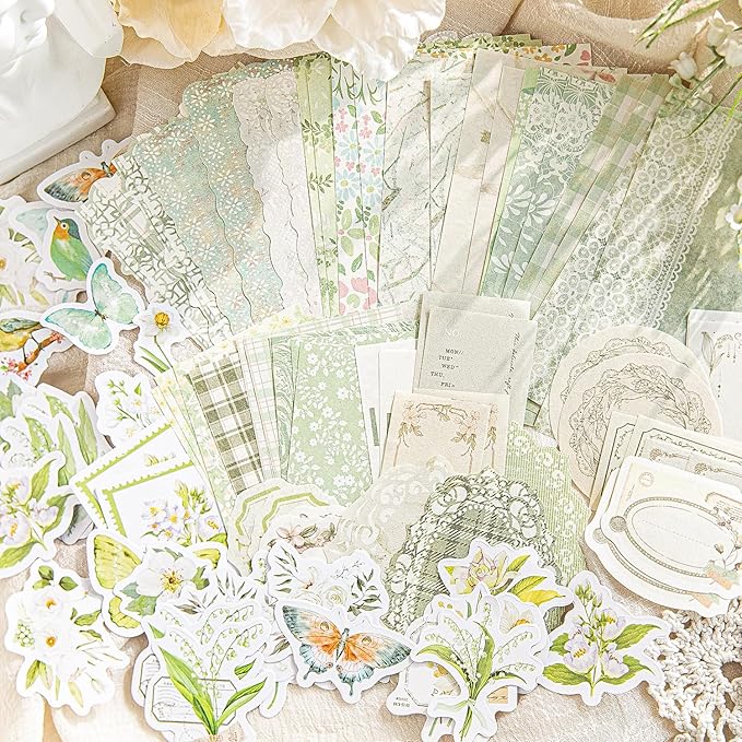Doraking 100pcs Vintage Floral Scrapbook Paper Journaling Stickers Assorted Set, Material Paper Memo Junk Journal Supplies for Bullet Journaling Retro Crafts Planner Collage Card Album