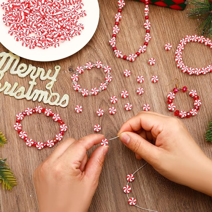 Augshy 300Pcs Peppermint Candy Clay Beads,Christmas Red and White Round Polymer Clay Beads for Jewelry Making Xmas Crafts fBracelets Necklaces Earrings and Holiday