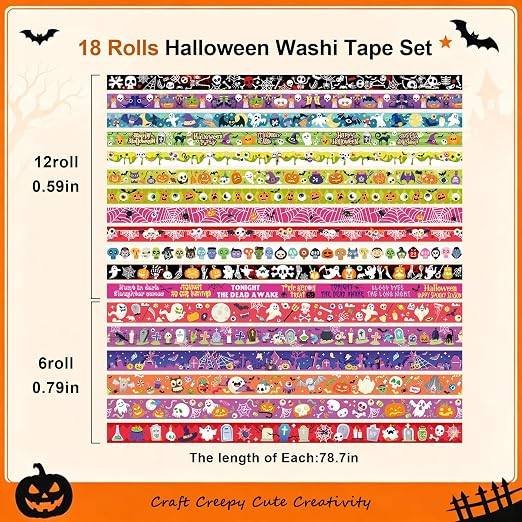 Halloween Washi Tape Set Pumpkin Scrapbook Tape 18 Rolls | Pumpkin Pattern Washi Tape Set With 18 Rolls, 0.59in and 0.79in Widths for Journaling, Scrapbooking and DIY Crafts