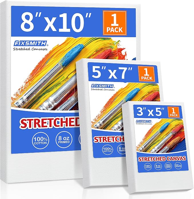 FIXSMITH Stretched Canvas for Painting, 3"x5", 5"x7", 8"x10", Pack of 3, Pre-Primed Canvases Wood Framed, Blank White Painting Canvas Boards for Acrylic, Oil and Gouache Painting