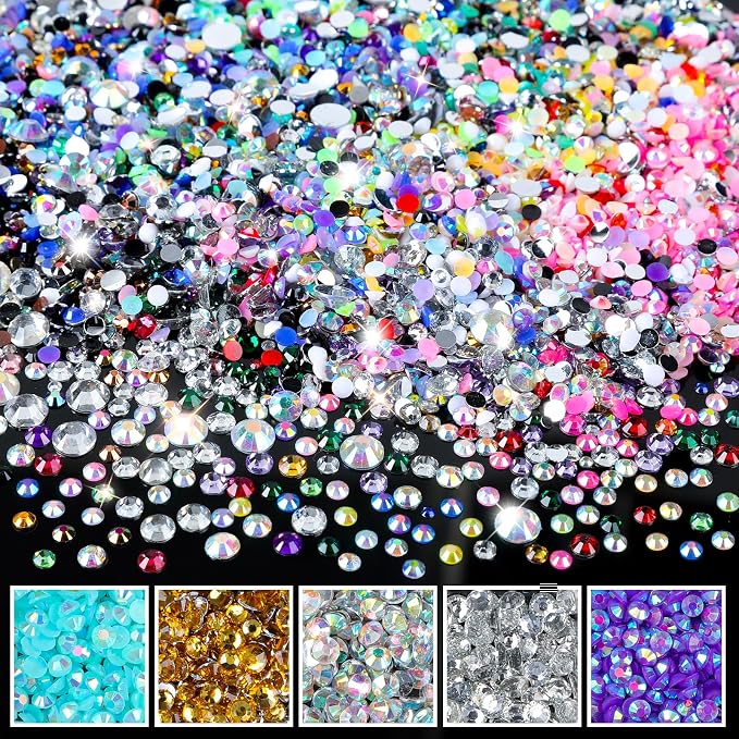 FANDAMEI 5 Boxes 10000PCS Bedazzling Kit, Multi-color Rhinestones for Bedazzling with Jewelry Glue, Flat Back Resin Jelly Gems for Crafts, Nail Rhinestones with Nail Brushes, Dotting Tools