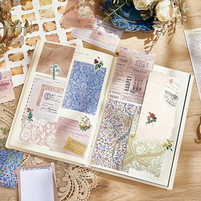 440PCS Vintage Scrapbook Supplies Kit – 360 Sheets Decorative Papers & 80Pcs Aesthetic Botanical Stickers, Retro Ephemera Pack for Journaling, Planners, DIY Collage
