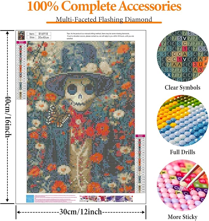 Diamond Art Kits for Adults, Flowers Skull Diamond Painting for Beginners | 12x16 Inch, Full Drill Round Dots, Skeleton DIY 5D Gem Art Craft Kits, Home Wall Decor, Stress Relief Relaxing Hobby Gift
