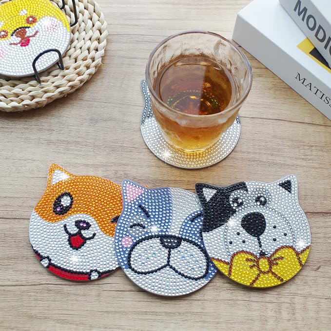 Vcekract 6 Pcs Dog Diamond Art Coasters Kit for Adults | Diamond Painting Coasters with Holder & Protective Backing, Diamond Art Adult Crafts for Table Home Decoration