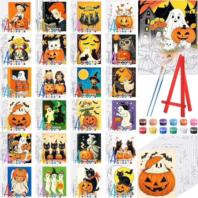 Blosssound 24 Pack Halloween Pre Drawn Canvas to Paint 5 x 7 Inch Pre Printed Canvas Painting Kits with Easel, Paint Pots Brushes Stretched Panels Bulk for Adult Sip Party Student Beginner DIY