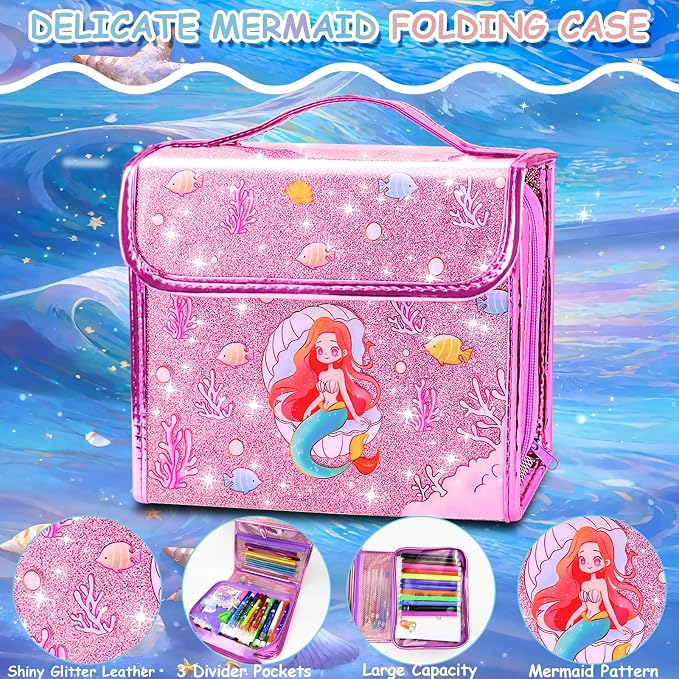 98Pcs Washable Scented Marker Set, Mermaid Pencil Case & Stationery Art and Craft for Kids Coloring Set Birthday Gift Include Markers, Glitter Pens, Crayons Drawing Kits for Girls 4 5 6 7 8 9 10 11 12