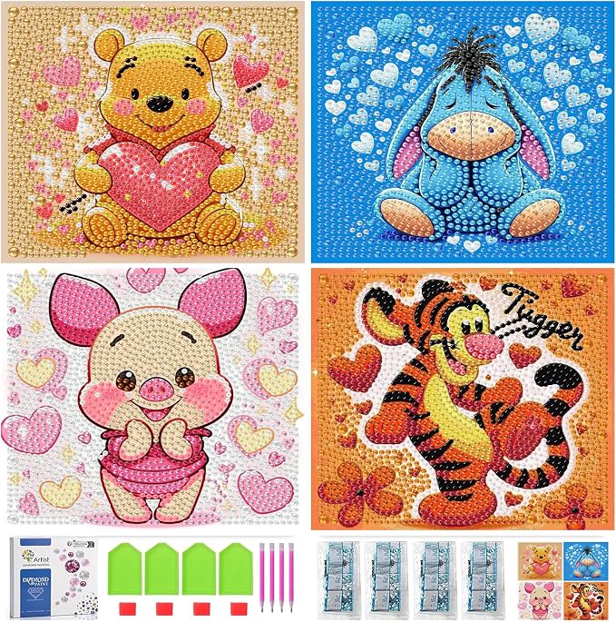 LWZAYS Diamond Painting Art Kit for Kids, Crafts for 4-8-12 Kids Gem Art | 4 Pack DIY Crafts 5D Diamond Art Kit for Kids, Full Round Drill Big Gem Art for Kid,Home Wall Decoration 6X6 inch