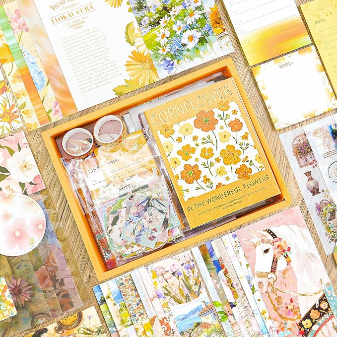 Aromoty Scrapbooking Supplies Kit, Botanical Aesthetic Vintage Scrapbook Kit for Bullet Junk Journal A6 Grid Notebook Stationary (Centaury Love)