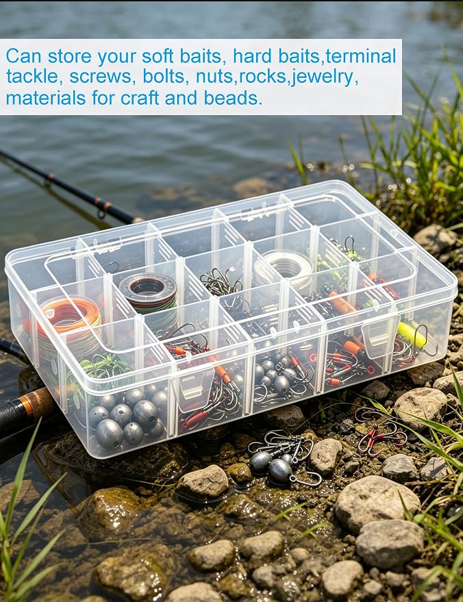 Hlotmeky Plastic Organizer Box with Dividers Bead Organizer 15 Large Grids Tackle box Organizer Clear Snackle Box Container