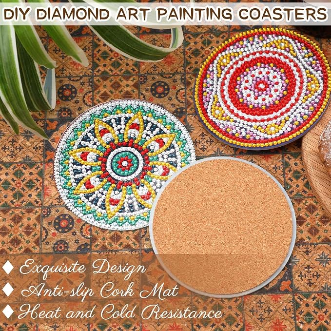 UPINS 8Pcs Mandala Diamond Art Painting Art Coasters Kits with Holder | Diamond Art Non Slip Coaster Kits,DIY with Holder crafts for Adults,Diamond Art Painting Kits Supplies for Christmas Gift