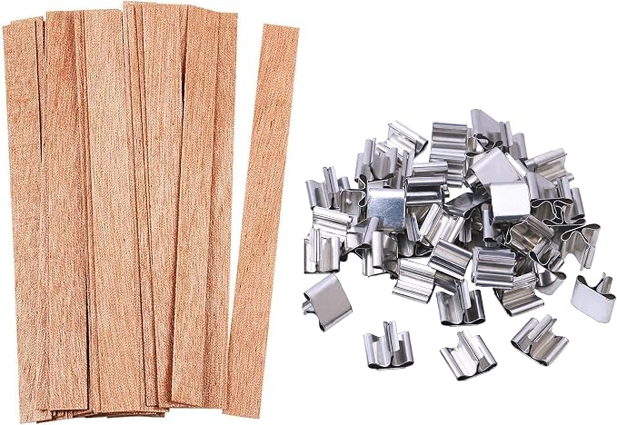 100 Pcs Wood Candle Wicks for Candle Making-50 Wicks & 50 Wick Holders | Smokeless Wooden Wicks Long Lasting Candle Cores with Iron Standers for Candle Making Supplies, 5.1 X 0.5 Inch