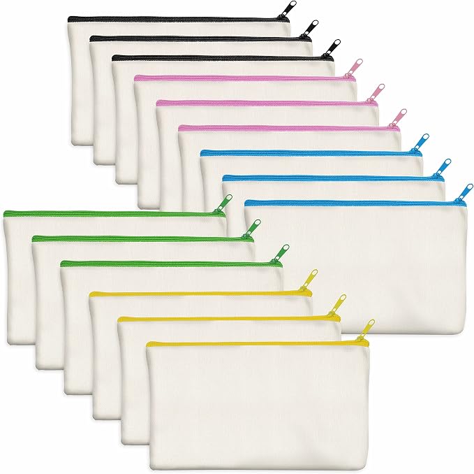 15 Pack Blank Cotton Canvas DIY Craft Zipper Bags Pouches Pencil Case for Makeup Cosmetic Toiletry Stationary Storage
