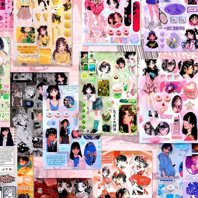 Tmtains 30 Sheets Japanese Manga Style Sticker Book 650+Pcs Heisei Retro Cute Theme Books Style Korean Sticker Aesthetic Japanese Stickers Book for Adults Scrapbooking Notebook Supplies (Girl Journal)