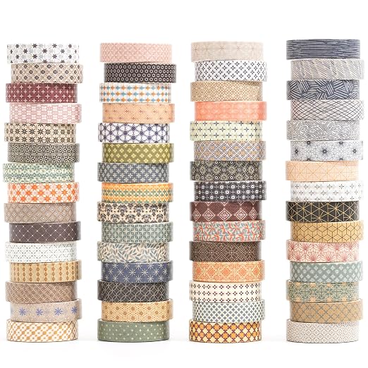 Basic Patterns Washi Tape Set 60 Rolls Geometric Elegance Decorative Skinny Masking Tapes for Arts, DIY Crafts, Journals, Planners, Scrapbook, Wrapping
