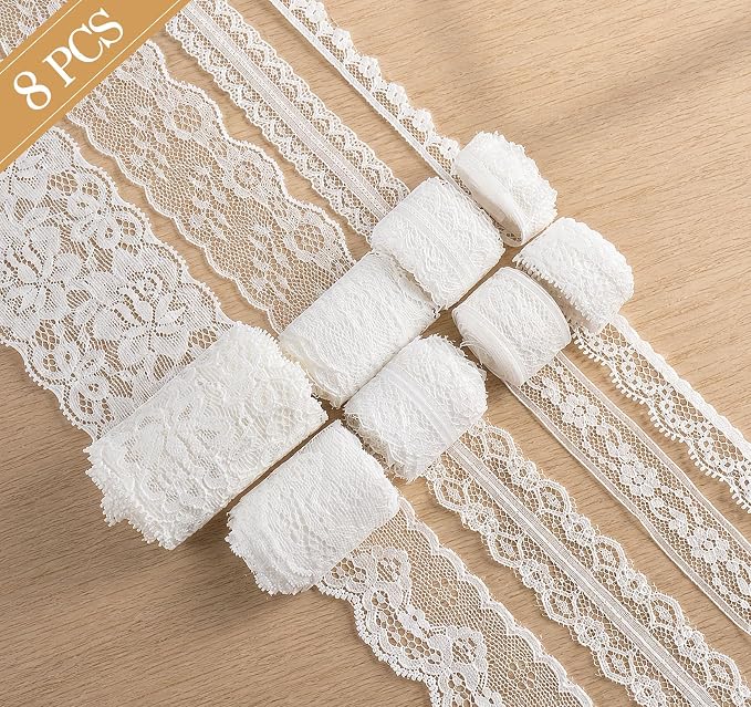 ilauke White Lace Ribbon, 8 Rolls Vintage Lace Trims 0.5 to 2.36 inch Width
