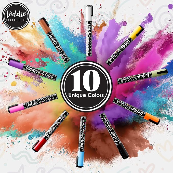 Loddie Doddie Liquid Chalk Markers, Window Markers, Earth Tones, 10 Pack | Flip from Fine to Broad Lines, For Classroom Displays & Home Offices, On Windows, Mirrors & Car Glass, Erasable Glass Markers