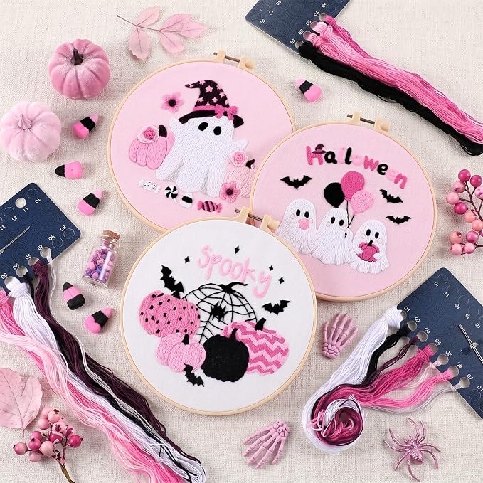 Mindsoft 3 Set Needlepoint Kit for Beginners with Hoop,Pink Halloween | Bamboo Hoop Thread Needles Instructions, Easy Hand Embroidery for Beginners Home Crafts,Pre-stamped Funny Cute Designs