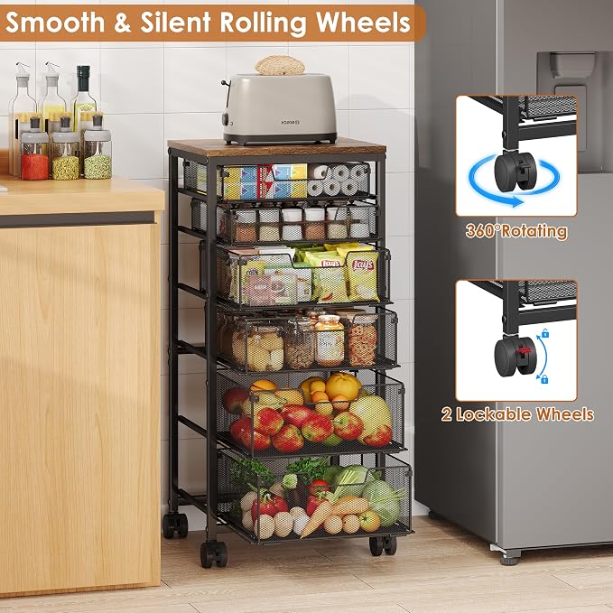 Rolling Storage Cart with 6 Drawers, Craft Cart with Lockable Wheels | Storage Drawer Organizer, Utility Cart for Classroom, Closet, Pantry, Bathroom, Kitchen, Art, Dorm, Office