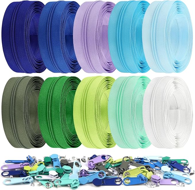 DOITEM 31 Yards / 28 m 10 Pieces Sewing Zippers #3 Nylon Coil Zippers Assorted Zipper for Sewing with 40 Zipper Sliders for DIY Tailor Sewing Crafts Supplies, 10 Color