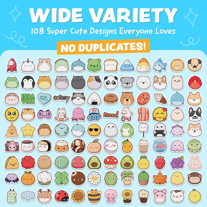 Cute Stickers for Kids Classroom Decor - 108pc Kawaii Water Bottle Stickers for Teens - Waterproof Vinyl Teacher Reward Stickers for Water Bottles - Back to School Supplies - Classroom Must Haves