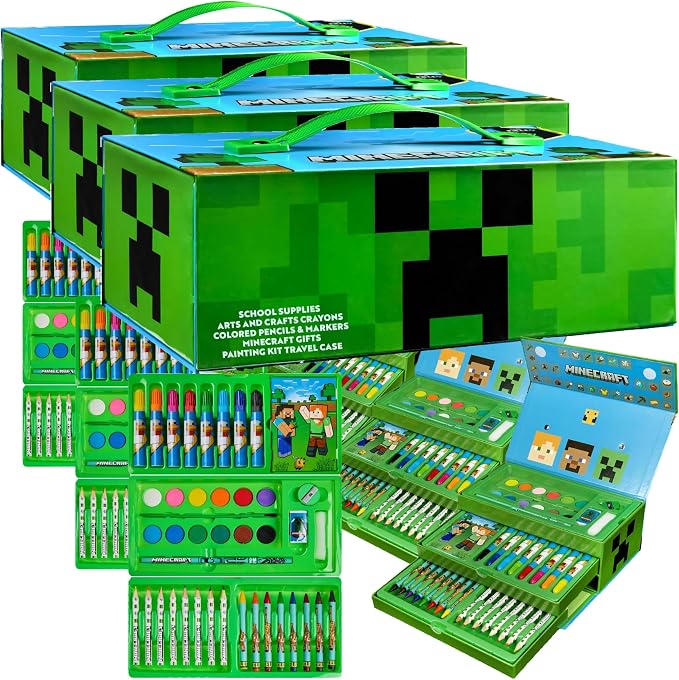 Minecraft Colored Pencils Art Supplies Set Crayons Watercolor Paints Colored Markers Coloring Drawing Kit Creeper Art Set Case Gamer Gifts for Boys (Pack of 3)