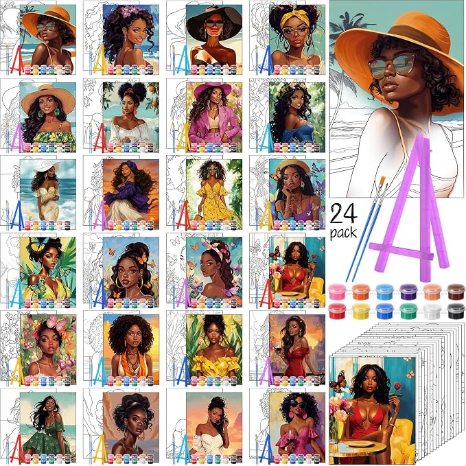 Blosssound 24 Pack Paint and Sip Kit African American Women Pre Drawn Canvas 5x7'' Afro Pre Printed Canvas Painting Kits with Easel Paint Pots Brushes Stretched Panels Gift Bulk for Party Birthday DIY